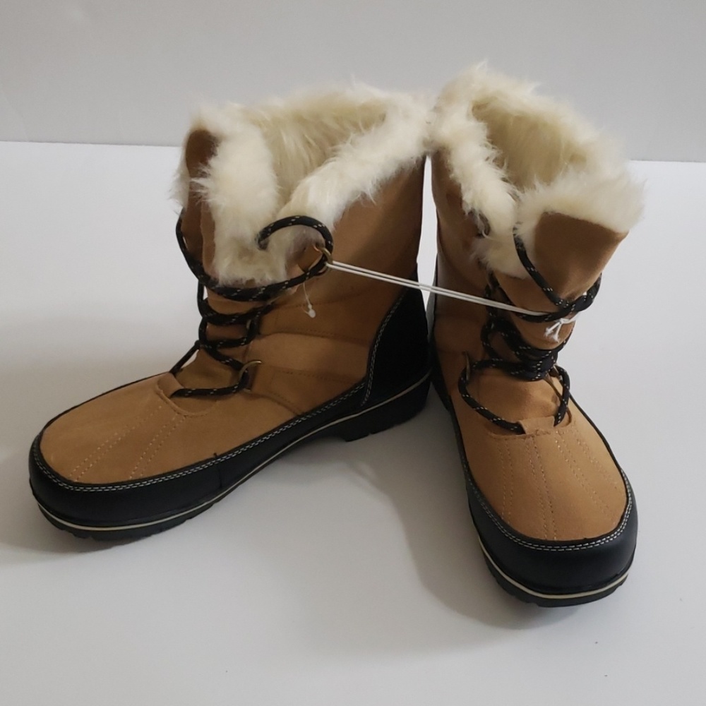 NEW Fur Boots Lace Up Winter Tan Booties Sz 9 - Picture 3 of 7